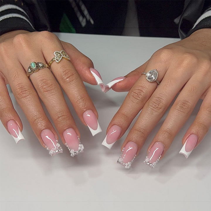 Press-On Nail Set with French Tip Design and Floral Accents Kalsten