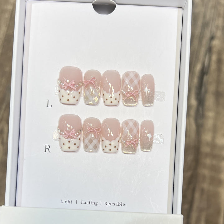 Decorative Press-On Nail Art Set with Charming Ribbon Accents Kalsten