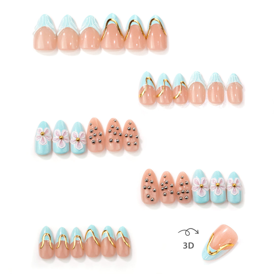 Artistic Press-On Nail Set with Floral and Metal Accents
