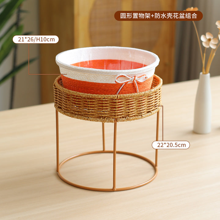 Unisex Modern Plant Stand with Woven Basket and Metal Frame Kalsten