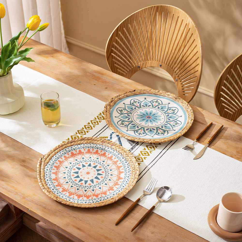 Round woven table mat made of jute with mandala cotton overlay Kalsten
