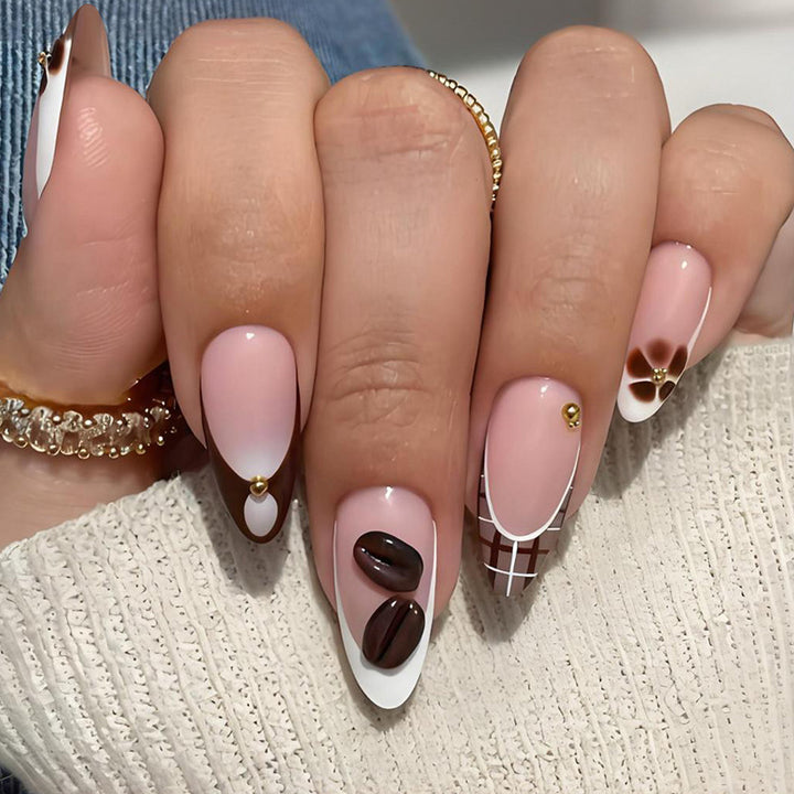 Art nail set with elegant coffee and flower motif Kalsten