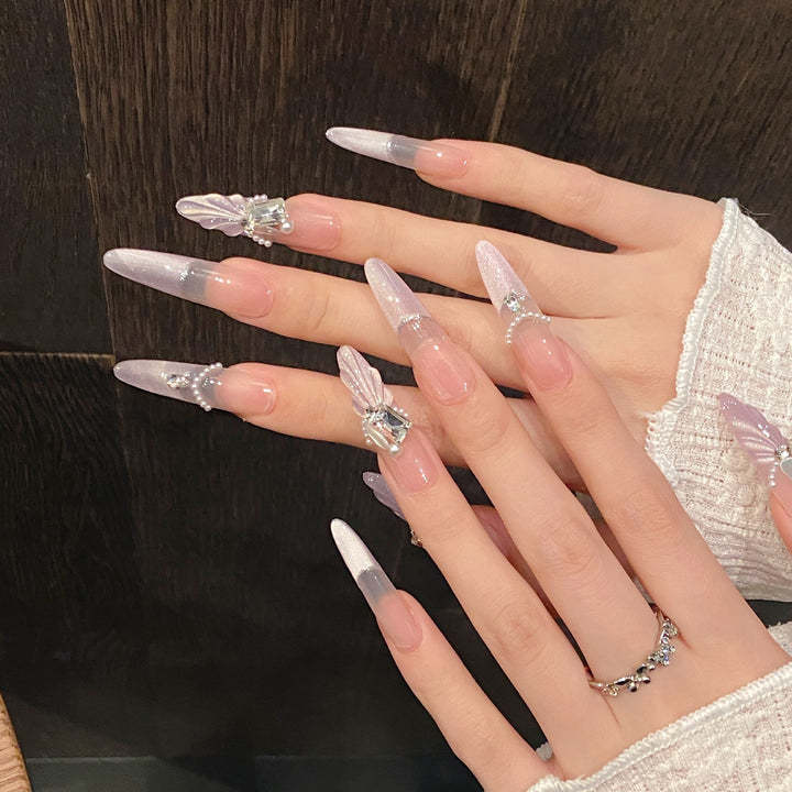 Artistic Floral Press-On Nail Set with Gem Accents