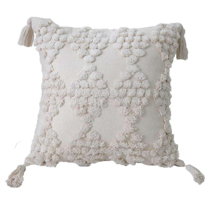 Bohemian Tufted Cotton Lumbar Throw Pillow with Clustered Fringe Texture and Corner Tassels