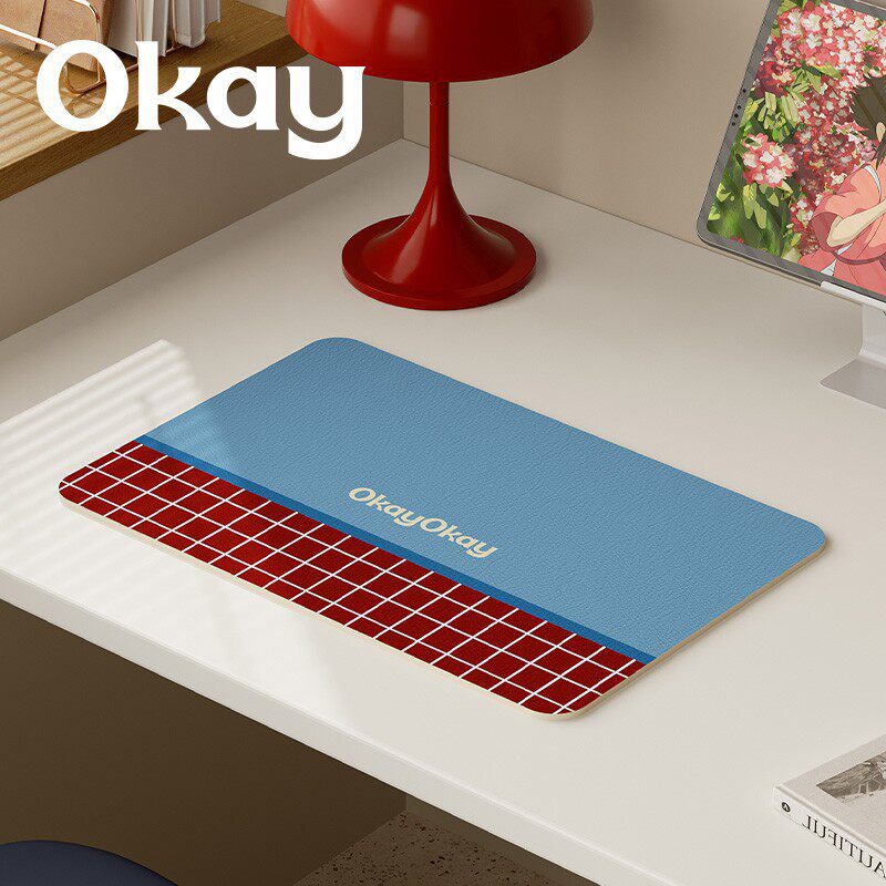 Oversized Eco-Leather Desk Mat with Non-Slip Base and Retro Grid Print