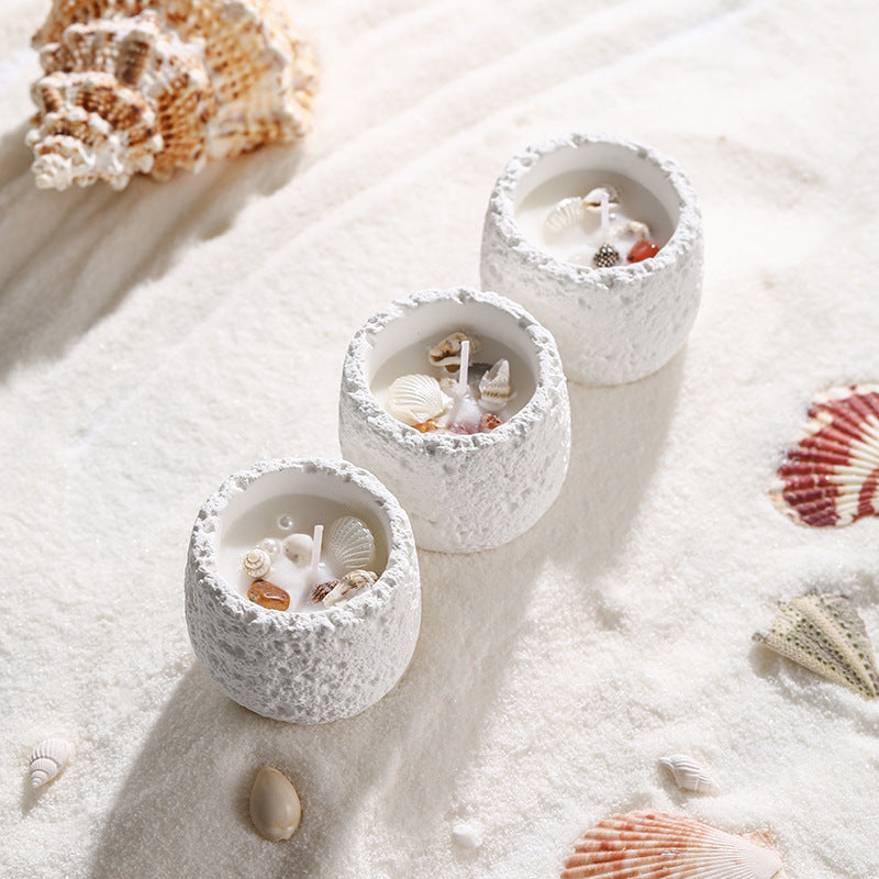 Hand-Poured Seashell-Embedded Textured Ceramic Tealight Candle