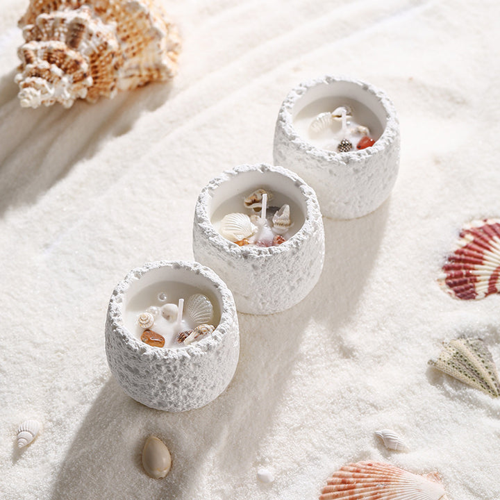 Hand-Poured Seashell-Embedded Textured Ceramic Tealight Candle