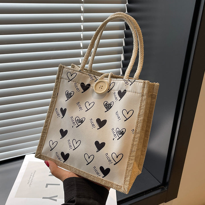 Heart-Patterned Canvas Shopping Tote
