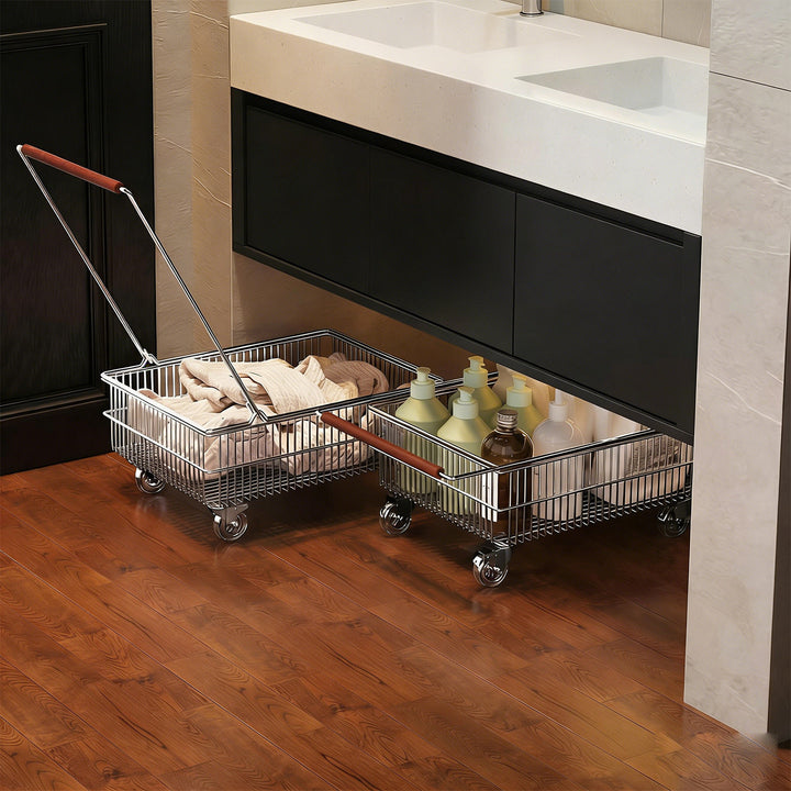 Low-Profile Metal Mesh Storage Crate with Dual Wood-Accent Handles for Blankets and Towels