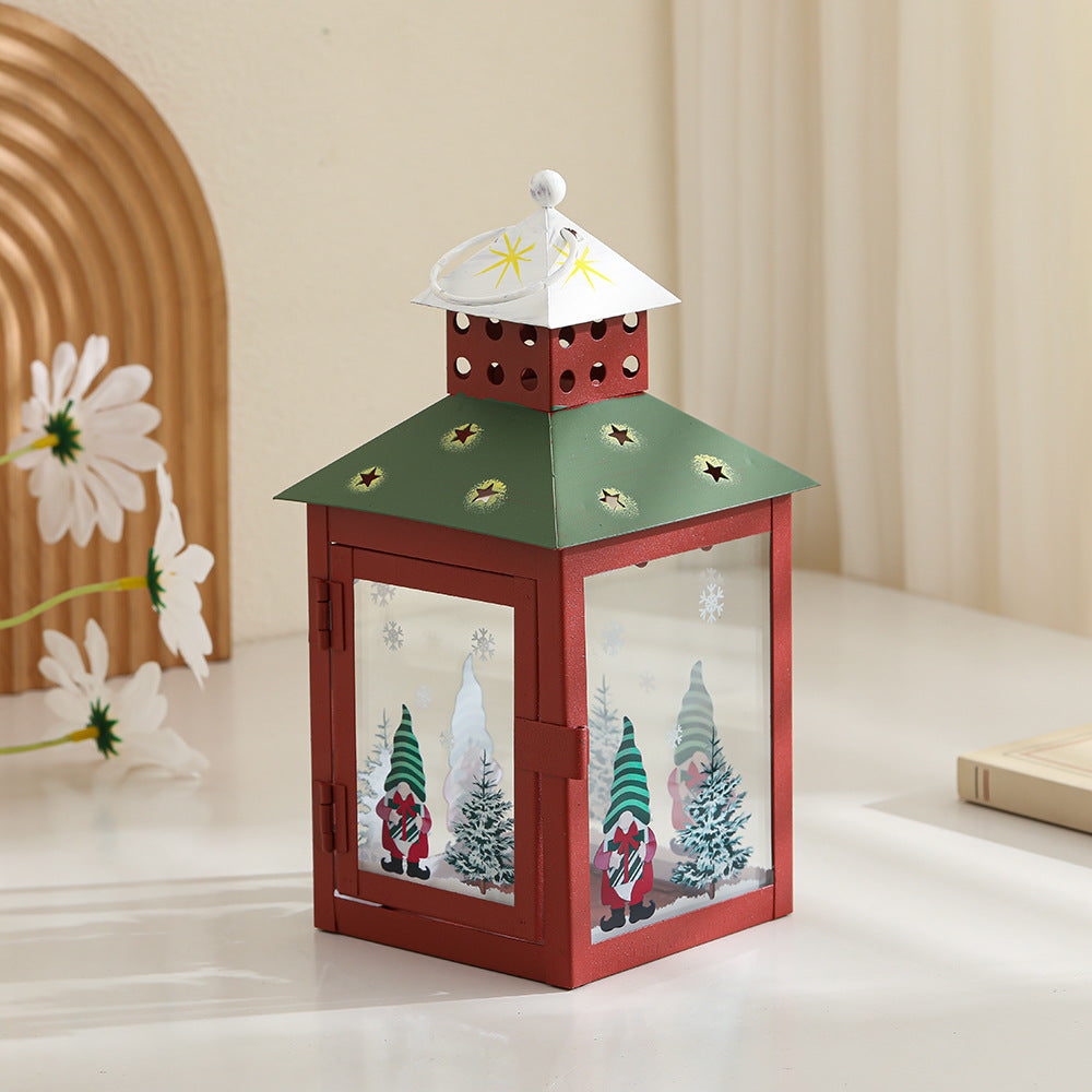 Decorative Holiday Gnome Lantern with Star-Cut Roof and Glass Panel Candle Holder Kalsten