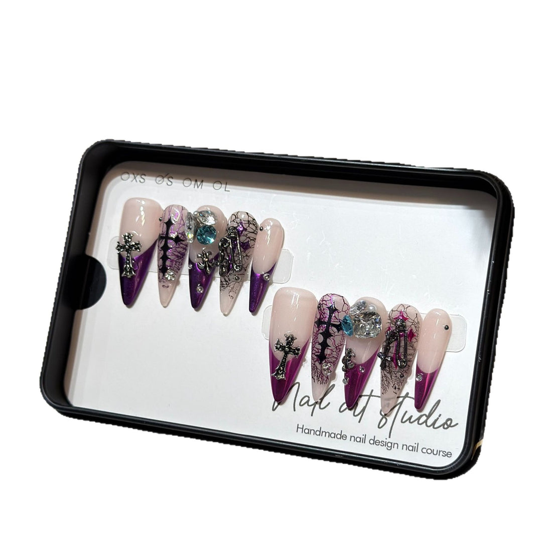 Artistic Stiletto Press-On Nail Set with Unique Floral and Gemstone Accents Kalsten