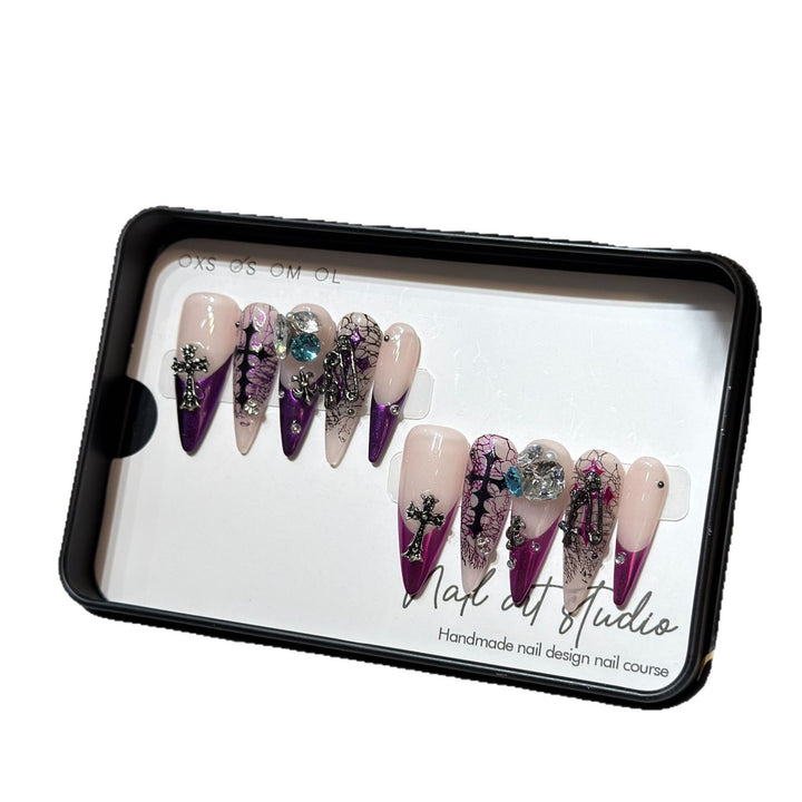 Artistic Stiletto Press-On Nail Set with Unique Floral and Gemstone Accents Kalsten
