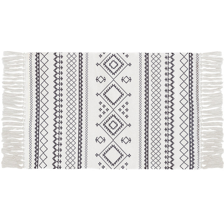 Flat-woven cotton carpet runner with ethnic diamond pattern and decorative fringes Kalsten
