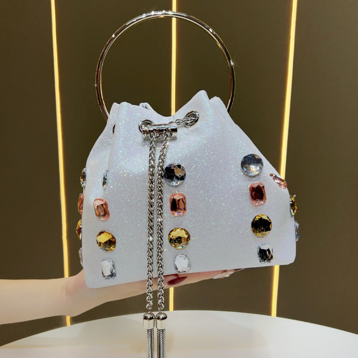 Sparkling Rhinestone-Embellished Drawstring Handbag