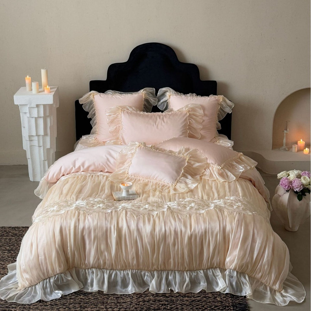 Luxurious satin bedding set with frills and lace trim