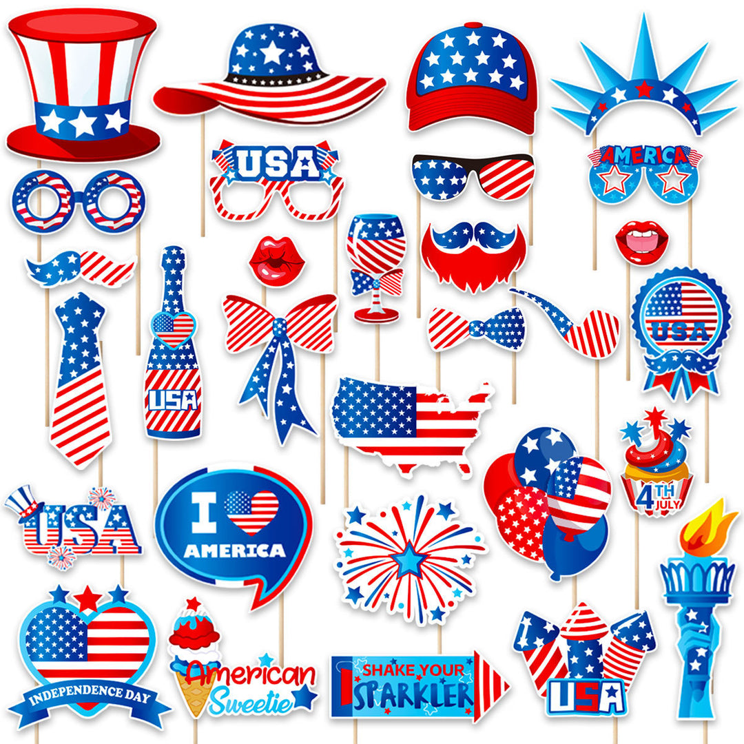 Unisex photo props set with self-adhesive USA-themed stickers, wooden sticks, and adhesive pads Kalsten