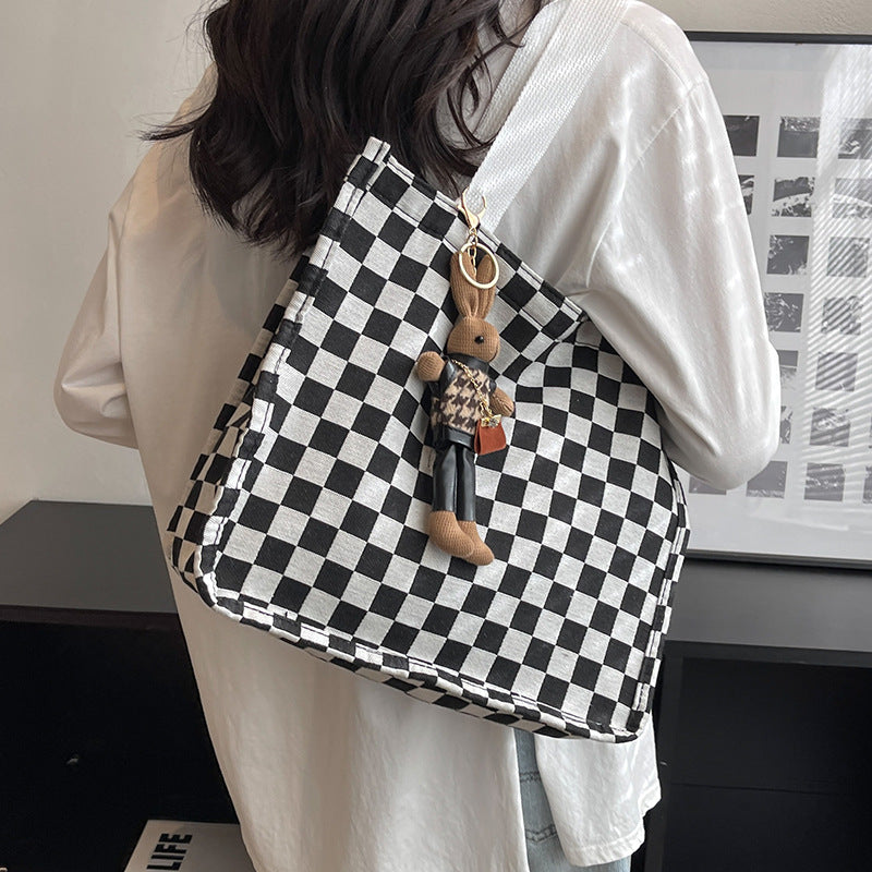 Checkerboard Patterned Canvas Tote Bag