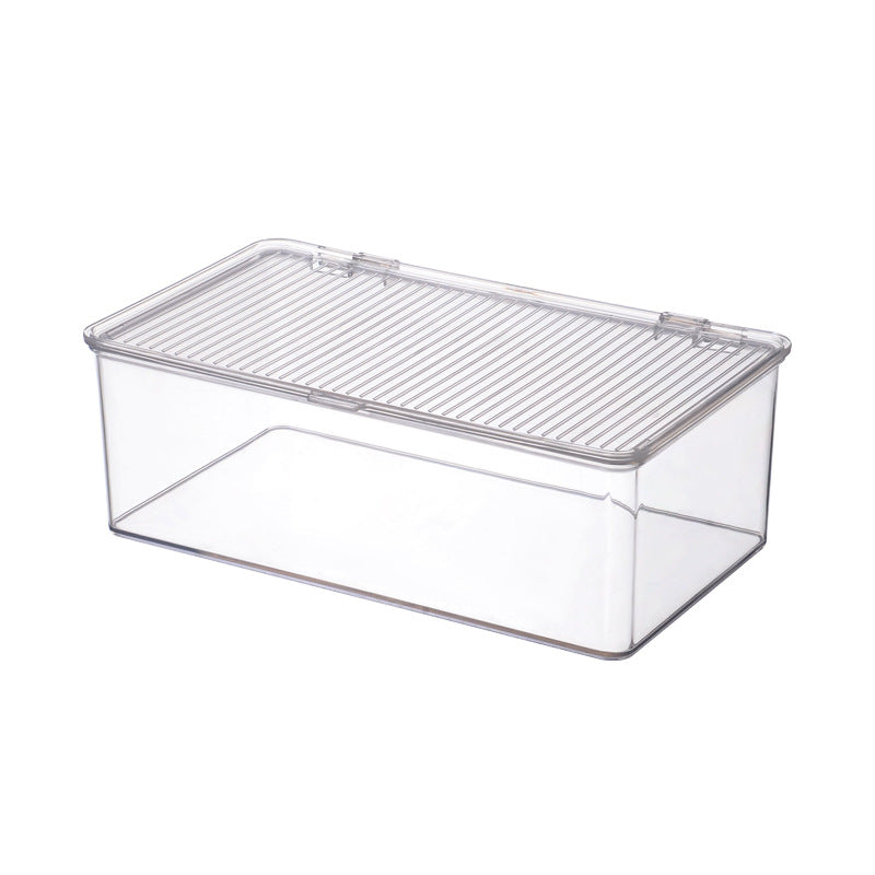Transparent storage box with flip closure and ribbed lid surface