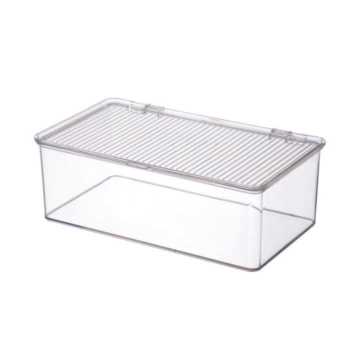 Transparent storage box with flip closure and ribbed lid surface