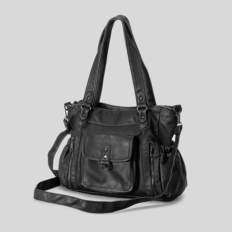 Multi-Pocket Leather Hobo Handbag