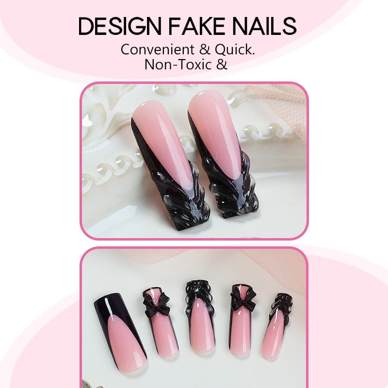 Artificial nail set with stylish black and pink designs Kalsten