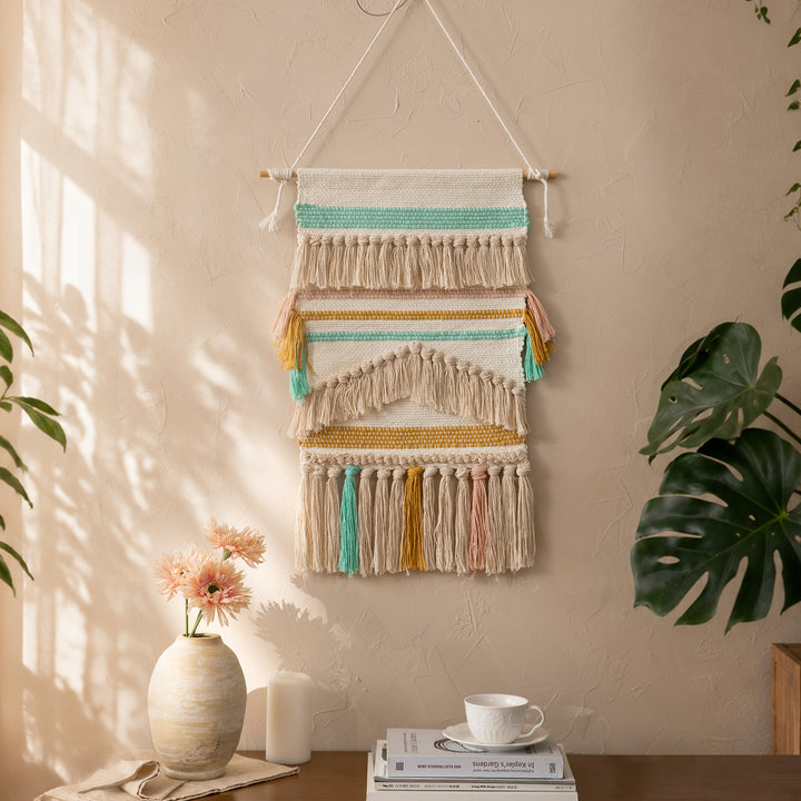 Boho Wall Hanging Macrame with Hand-Knotted Fringes and Woven Cable Patterns Kalsten