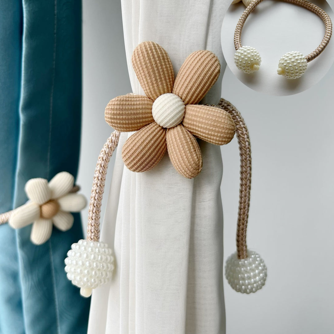 Decorative Magnetic Curtain Tieback with Fabric Flower and Pearl Bead Tassels