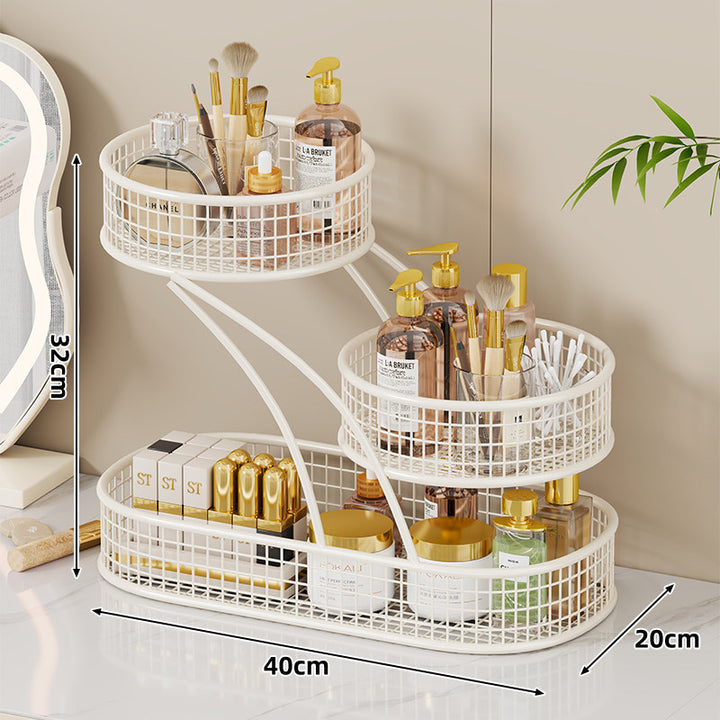 Triple-Tier Mesh Vanity and Countertop Organizer with Integrated Tissue Slot and Metal Grid Baskets