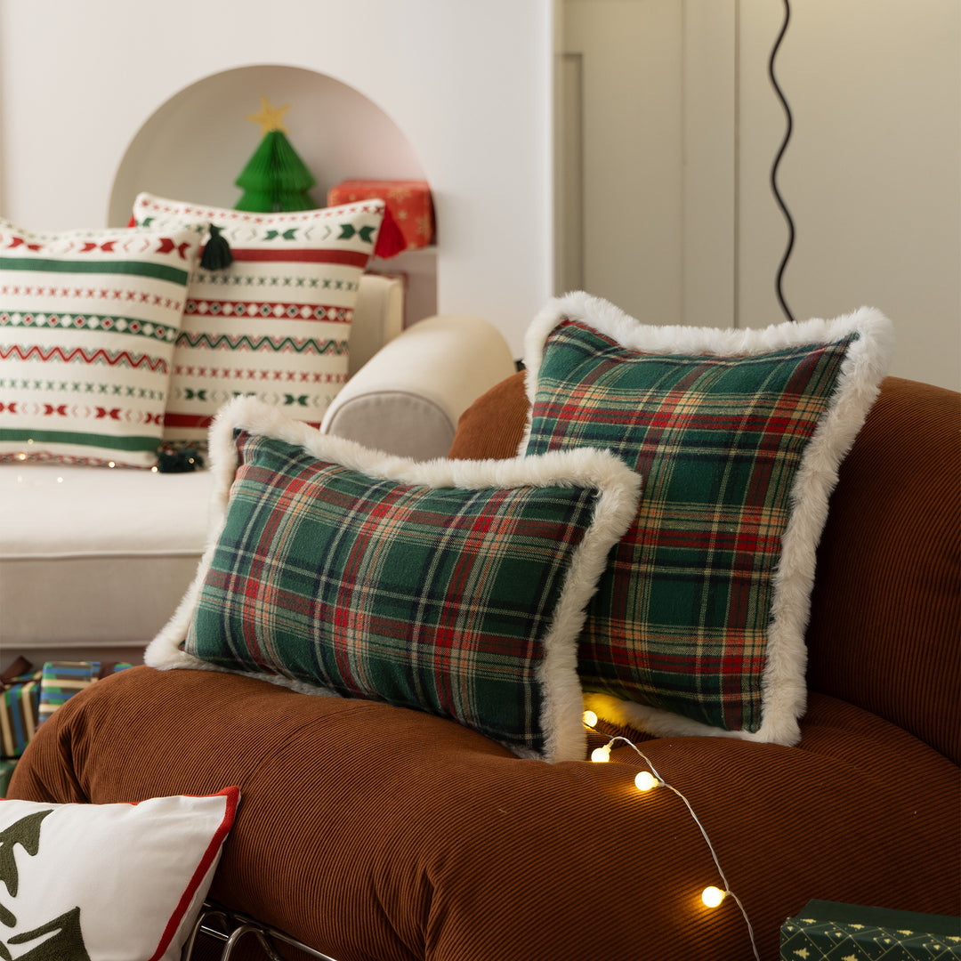 Traditional tartan decorative cushion with fluffy faux fur border