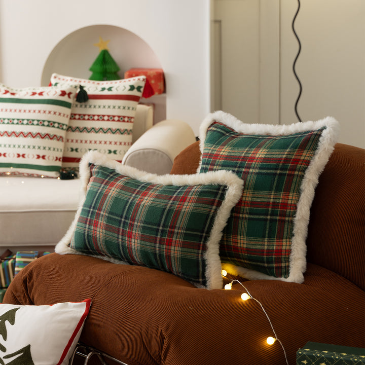 Traditional tartan decorative cushion with fluffy faux fur border
