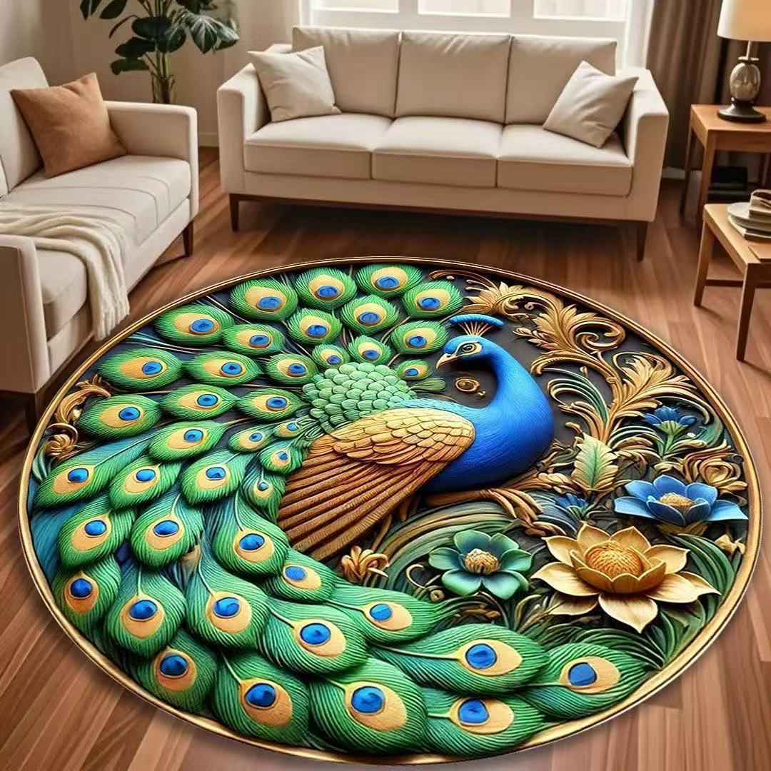 Round Peacock-Inspired Area Rug
