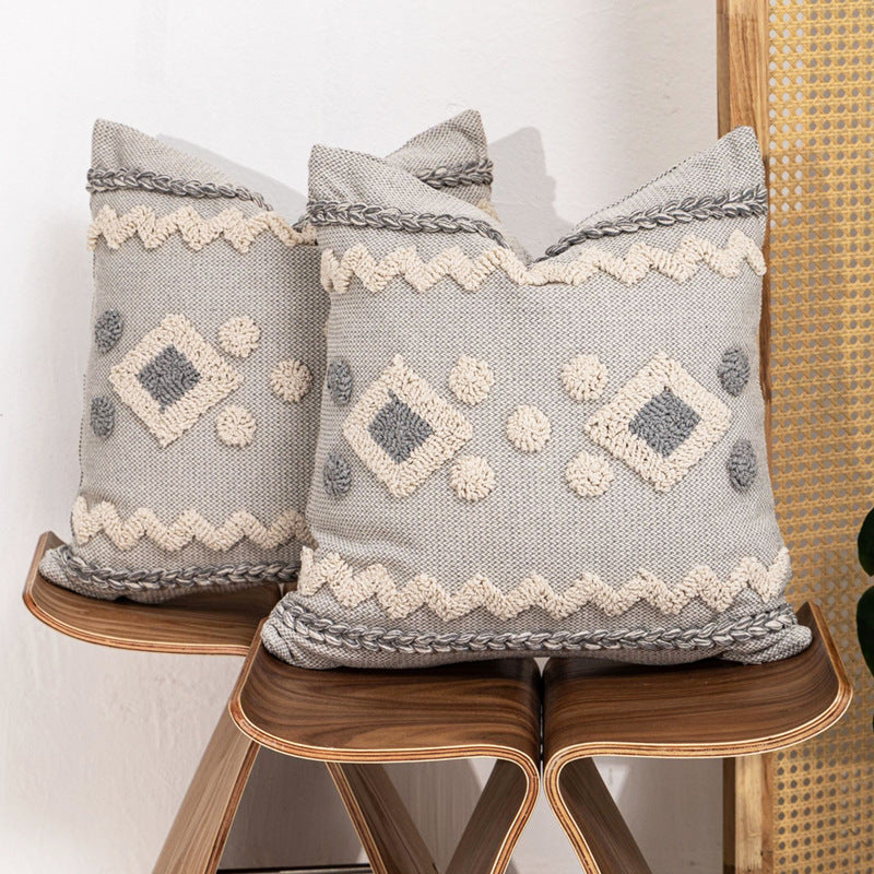 Textured Boho Geometric Tufted Throw Pillow with Braided Edge and Removable Zip Cover