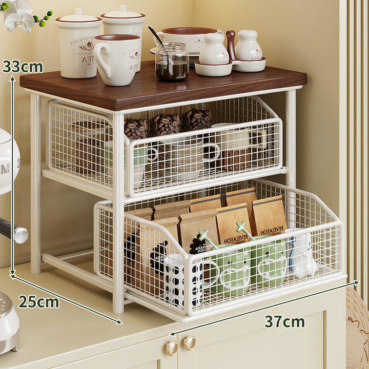 Sliding Mesh Cabinet Basket with Wood-Top Counter Riser