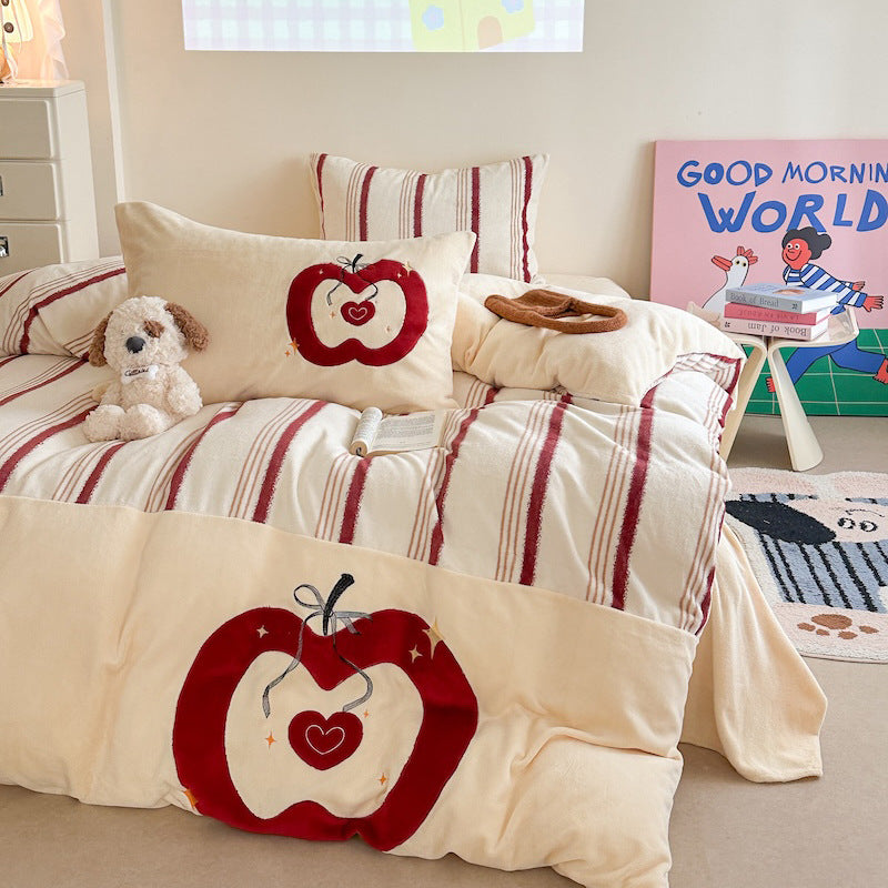 Quilted bedding and throw blanket set with check stitching, velvet texture, and floral appliqué