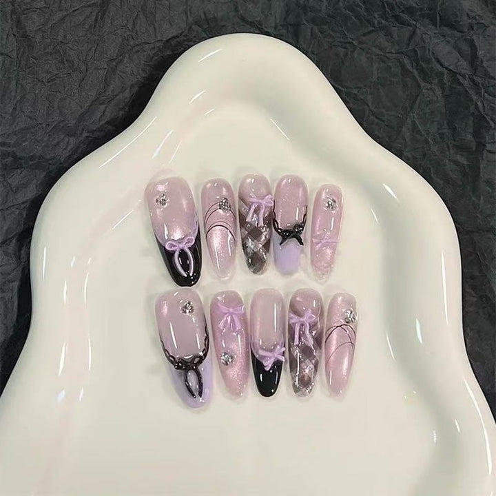 Artistic Press-On Nail Set with Bow Design