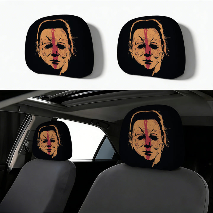Car headrest cover with retro horror motif