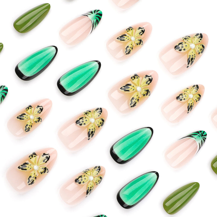 Artful Gel Nails with Floral Design and Glitter Effects Kalsten