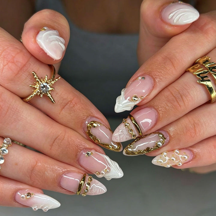 Elegant Pointed Press-On Nail Art Set with Gold Accents Kalsten
