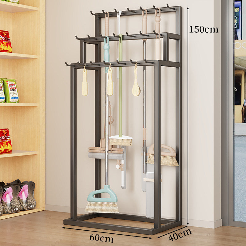 Vertical Mop and Broom Organizer Rack with Multi-Hook Hanging Storage