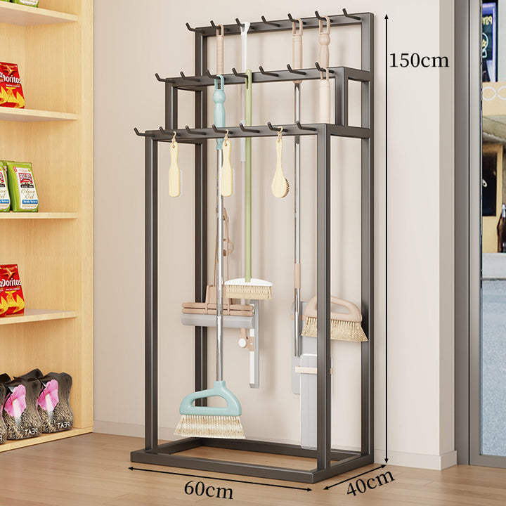 Vertical Mop and Broom Organizer Rack with Multi-Hook Hanging Storage