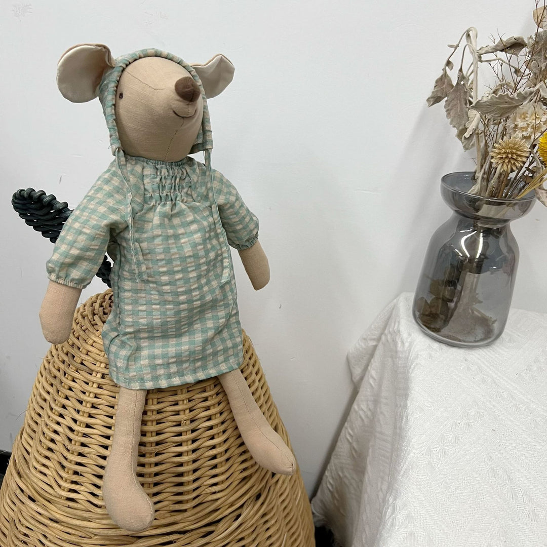 Vintage-Inspired Sewn Linen Elephant Plush Doll with Polka-Dot Dress