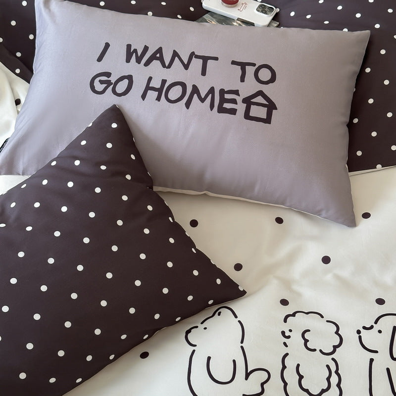 Reversible bedding set made of cotton blend with polka dot pattern and minimalist animal illustration