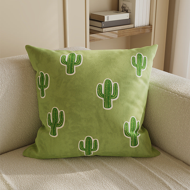 Decorative Square Cotton-Linen Throw Pillow Cover with Cactus Motif and Hidden Zipper