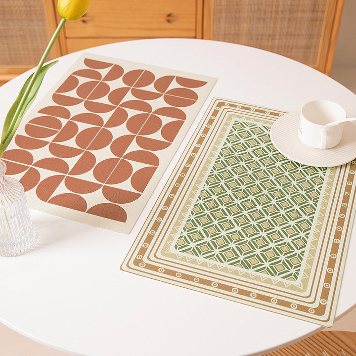 Round wipeable table mat made of PVC with non-slip back and retro geometric pattern