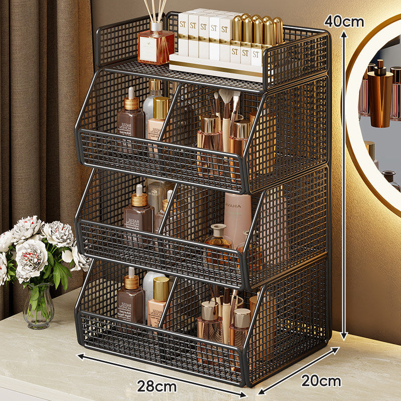 Two-Tier Metal Grid Countertop Vanity Organizer Shelf with Raised Front Lip