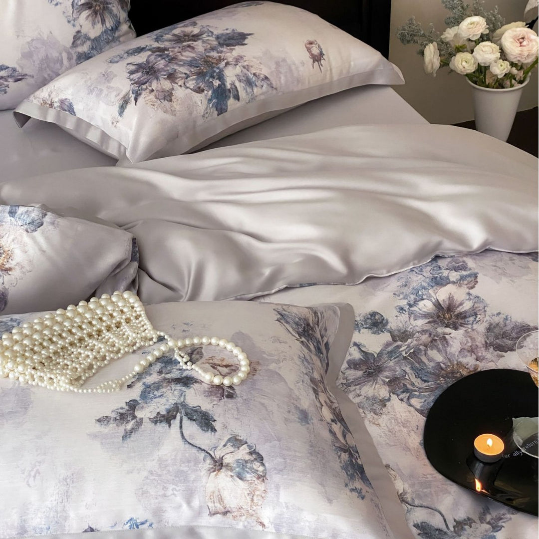 Luxurious satin bedding with floral watercolor print