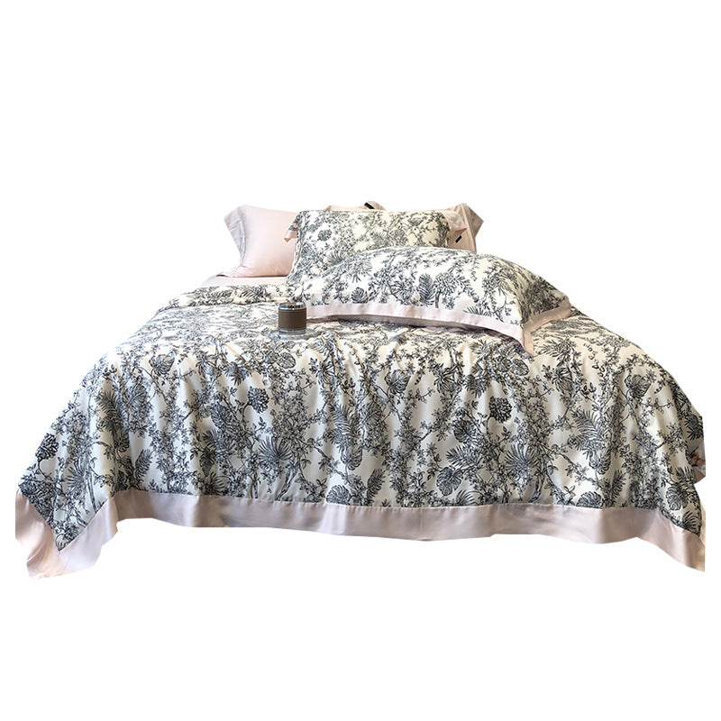 Elegant bedding set made of high-quality cotton satin with fine Toile-de-Jouy motif and satin trim