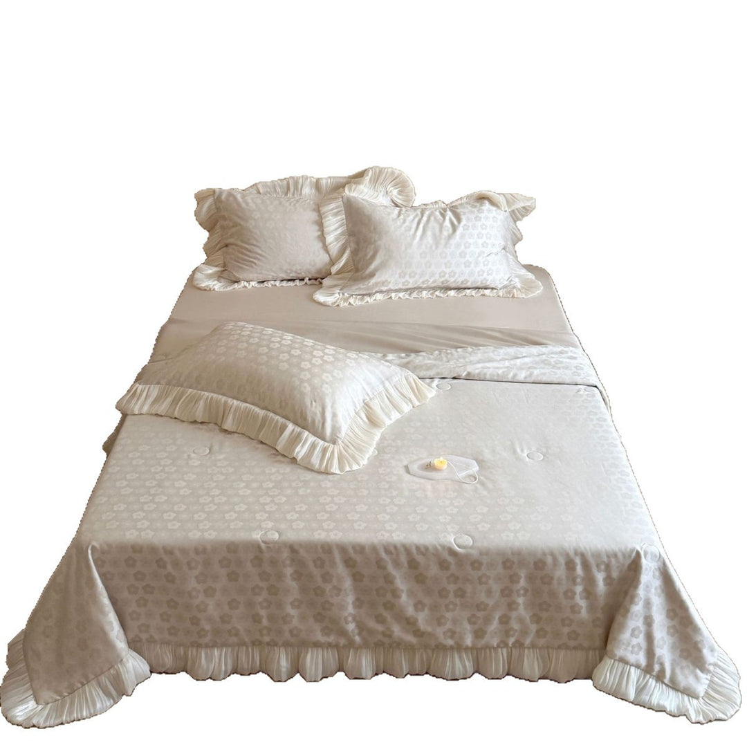 Satin comforter set with pleated ruffles and fine jacquard floral texture