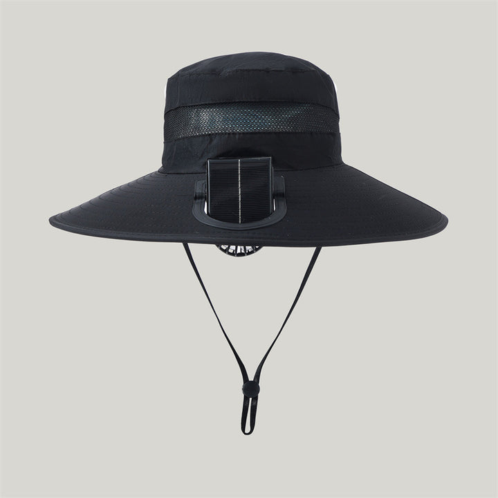 wide-brimmed outdoor sun hat with solar module, quiet mini fan, and adjustable chin strap Kalsten