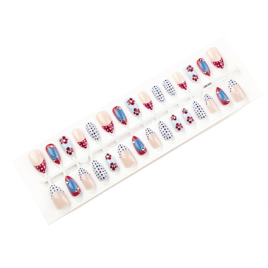 Elegant Press-On Nail Art Set with Floral and Polka Dot Design Kalsten